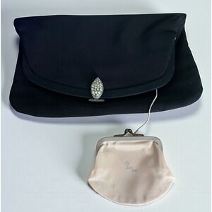 Vintage Black Corde Clutch Handbag Evening Bag W/ Change Purse Rhinestone Clasp